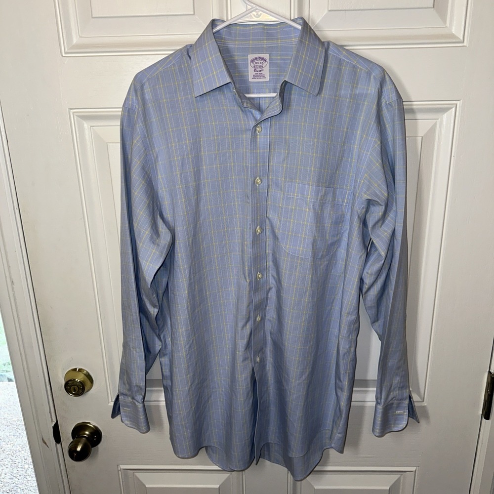 Brooks Brothers 346 Classic 15.5 Blue Windowpane Dress Shirt Long Sleeve